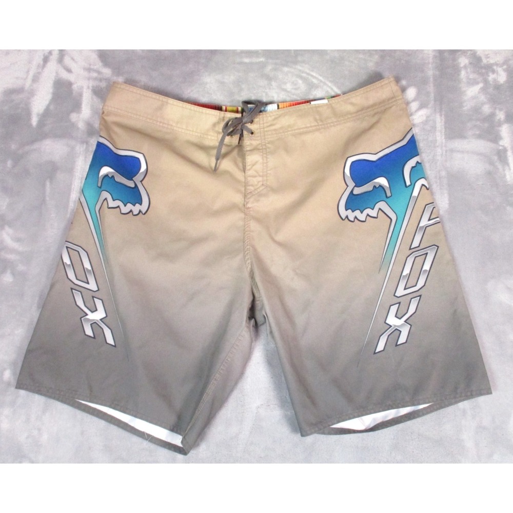 FOX Racing Surf Swim Board Shorts Men's Size 38 Tan / Blue zippered back Pocket